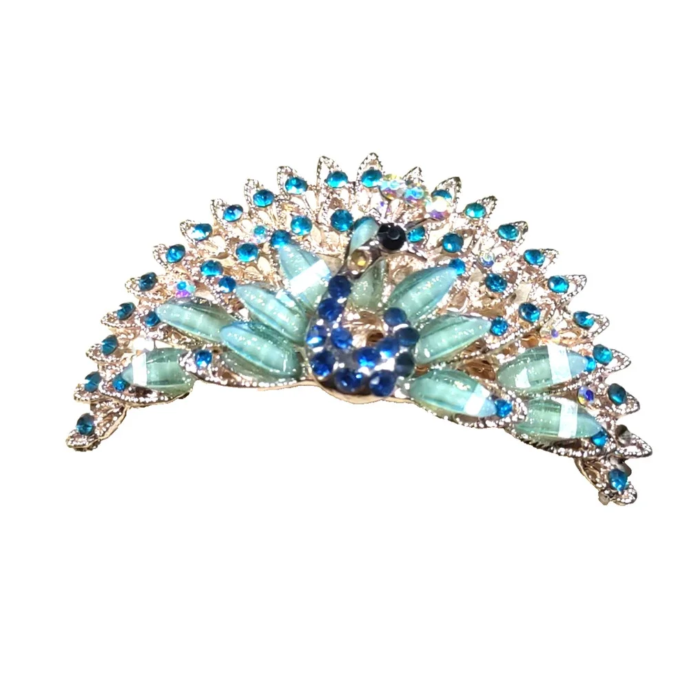 Large Peacock Hair Barrette Tension Clip Gold Tone Blue Rhinestone Flaw